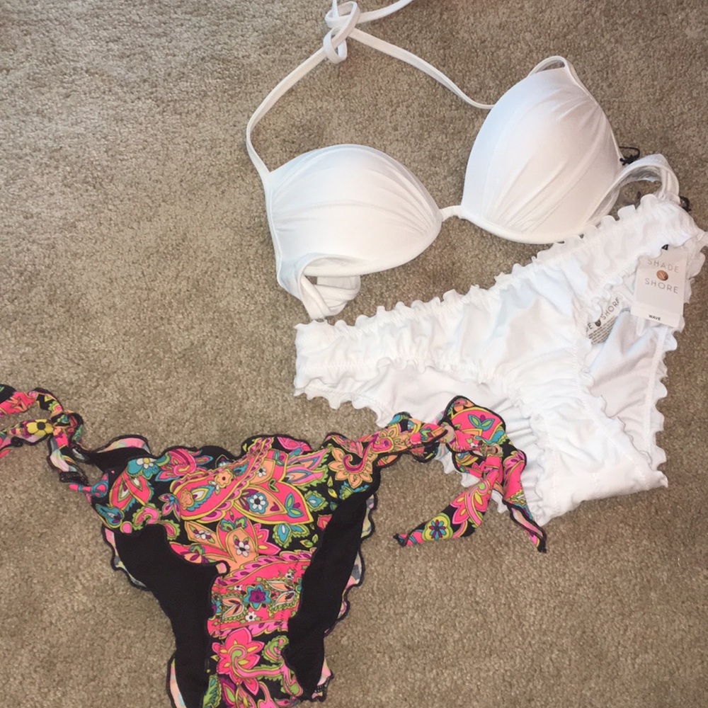 NWT white bikini set. Floral neon bottom.